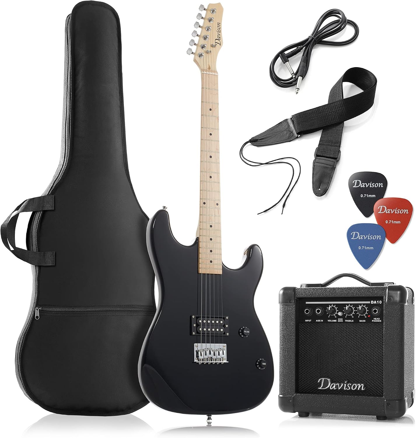 Davison 39-inch black electric guitar with humbucker pickup, 10-watt amplifier, gig bag, strap, cable and picks