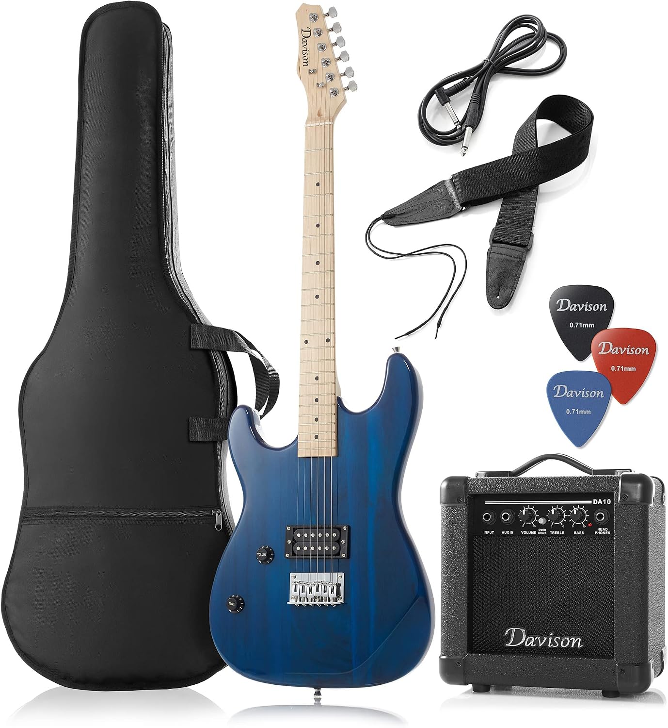 Davison left-handed 39-inch blue electric guitar starter package with amplifier, gig bag, strap, cable and picks