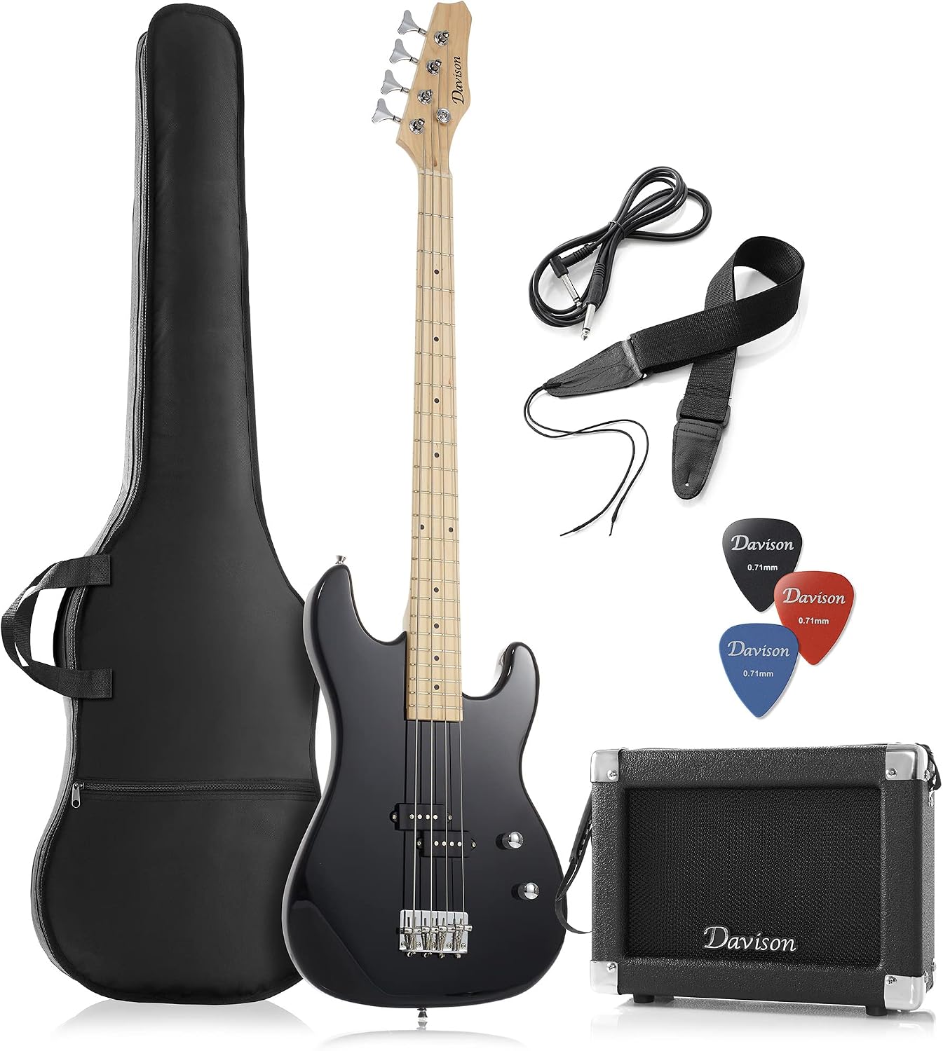 Davison full-size 45-inch four-string black electric bass guitar with a 15-watt bass amplifier and accessories